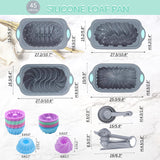 Tongjude 45 Pieces Silicone Loaf Pan for Baking Bread, 4 Cups Silicone Baking Pans Set, Baking Cups, Non-Stick Kitchen Oven Baking Pans, with Measuring Cups and Spoons Set, Grey Tongjude