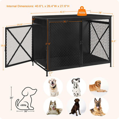 DWANTON Dog Crate Furniture, 42.5" L Three-Door Wooden Dog Kennel Indoor, Connectable Expansion, Wooden Dog Crate Table for Small/Medium/Large Dog, Dog House, Dog Cage Large, Black