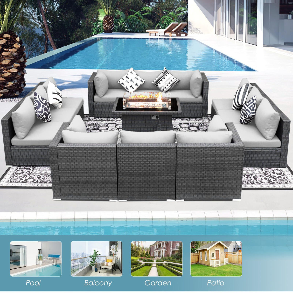 RADIATA PE Wicker Patio Furniture Set Sectional High Back Large Size Sofa Sets with Propane Fire Pit Table 55000 BTU Balcony Rattan Lounge Conversation Sets for Outdoor (13 Pieces,Light Gray) RADIATA