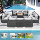 RADIATA PE Wicker Patio Furniture Set Sectional High Back Large Size Sofa Sets with Propane Fire Pit Table 55000 BTU Balcony Rattan Lounge Conversation Sets for Outdoor (13 Pieces,Light Gray) RADIATA