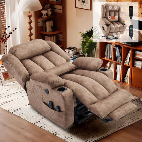 EPICOZY Oversized Dual Motor Power Lift Recliner Chair with Extended Footrest for Big Tall Man, Lay Flat Sleeper Electric Recliner with Massage and Heat, Lumbar Pillow, USB & Type-C Port, Plush Brown EPICOZY