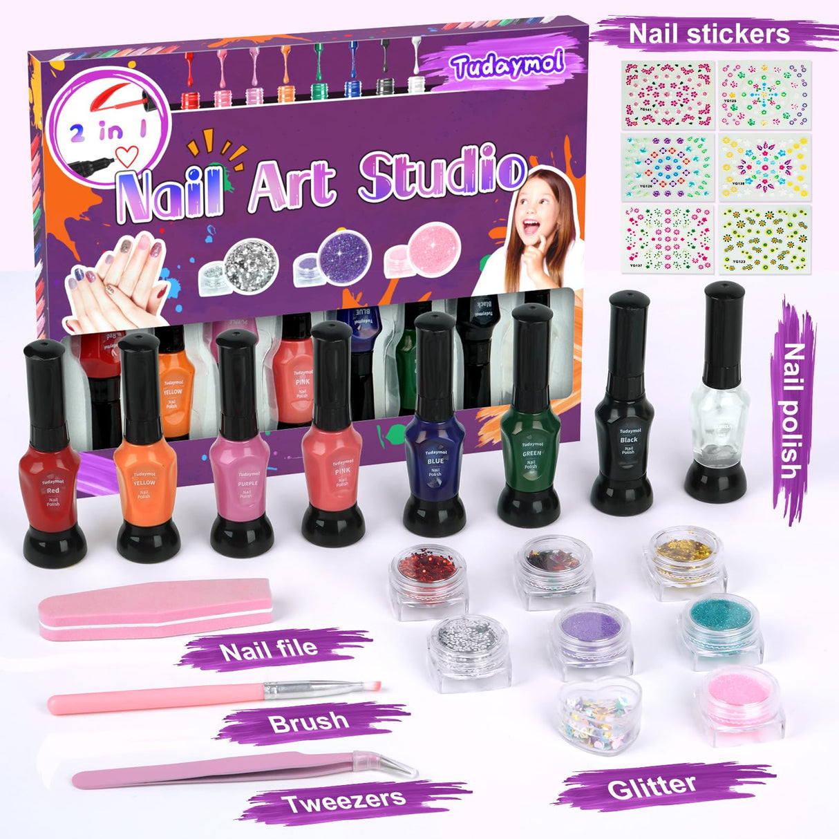 Tudaymol Nail Art Studio for Girls - Nail Polish Kit for Kids Ages 6-12 Years Old,Non-Toxic Peel-Off Safe Quick Dry Nail Polish Gift Kit Set,Cool Girls Toys Stuff - Polish, Pens, Glitter, Stickers Tudaymol