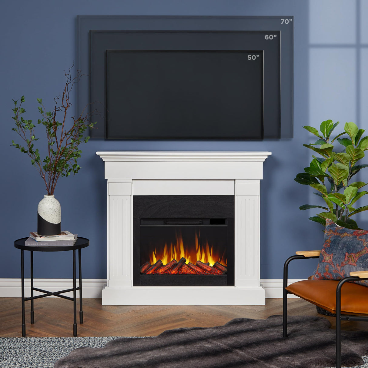 Real Flame Crawford Slim 48" Indoor Electric Fireplace with Mantel for Living Room or Bedroom, Replaceable Fireplace Insert Heater, Realistic Log and Flame Effect, Remote Control, Timer, White Real Flame