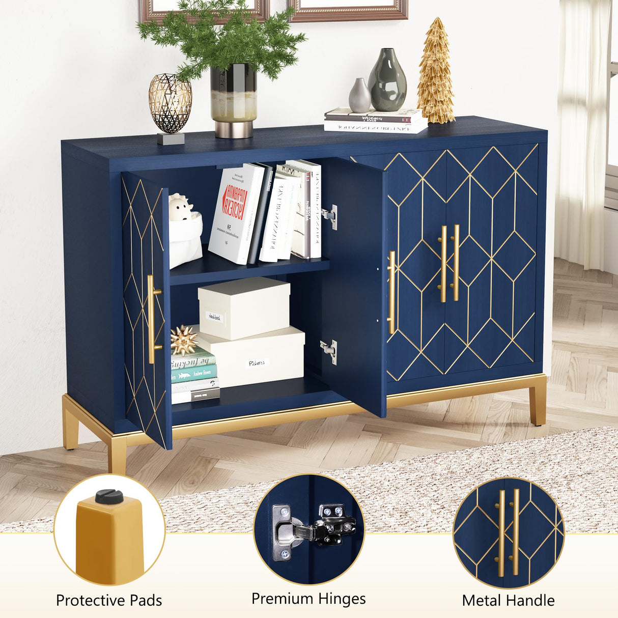 HLR 48" Accent Cabinet with 4 Doors and Shelves, Modern Credenza Storage Cabinet with Gold Trim, Sideboard Buffet for Living Room, Kitchen, Dining Room, Hallway, Blue HLR
