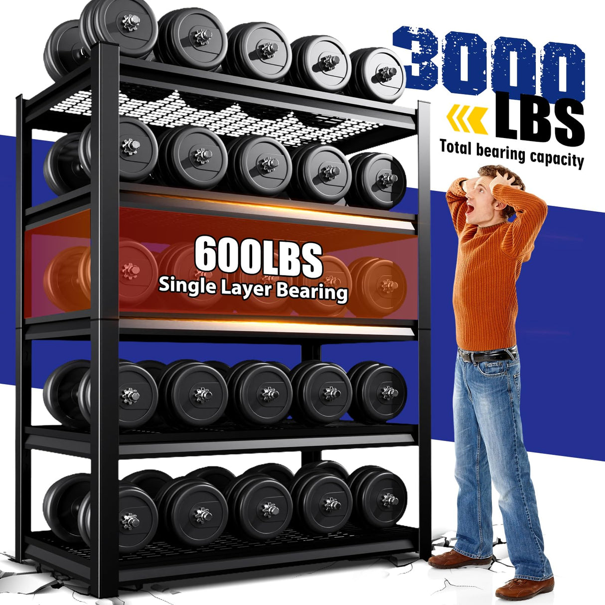 Garage Shelving-3000 lbs 5 Tier Storage Shelves,Adjustable Heavy Duty Metal Shelving Unit and Storage Large Wire Rack,Utility Steel Shelf for Warehouse Industrial Pantry Basement -78"x46"x20",Black JOJUOU