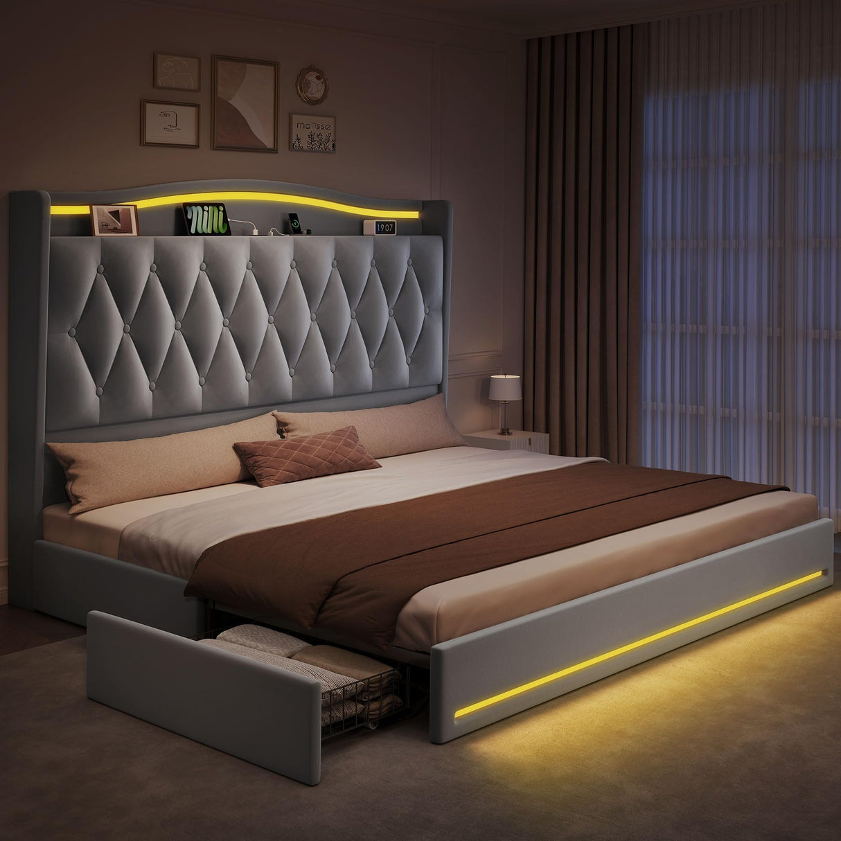 YITAHOME King Size Bed Frame with 4 Storage Drawers and RGB LED Lights, 57'' Tall Headboard Velvet Upholstered Bed with Charging Station, No Box Spring Needed, Easy Assembly, Noise-Free, Grey YITAHOME
