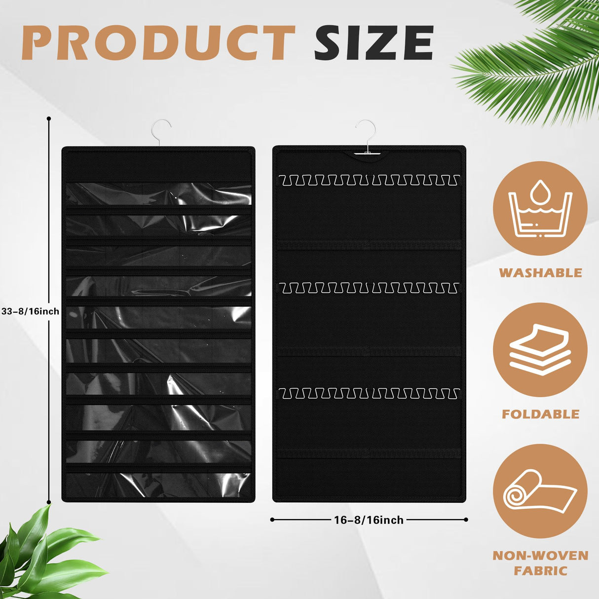 Bosuelife Hanging Jewelry Organizer Storage Roll, Double-Sided Necklaces Holder, 42 Pockets Plus 36 hooks Earrings Organizer Hang in Closet, On Wall, or Doors, Black Bosuelife