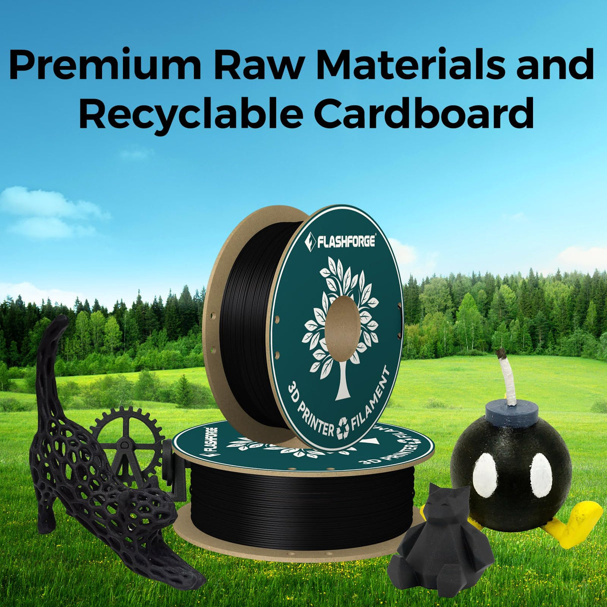 FLASHFORGE PLA Filament 1.75mm Black, 3D Printer Filament Bundle 2kg (4.4lbs) Cardboard Spool, Dimensional Accuracy +/- 0.02mm, 3D Printing Filament Easy to Use and Fits for Most FDM 3D Printers FLASHFORGE