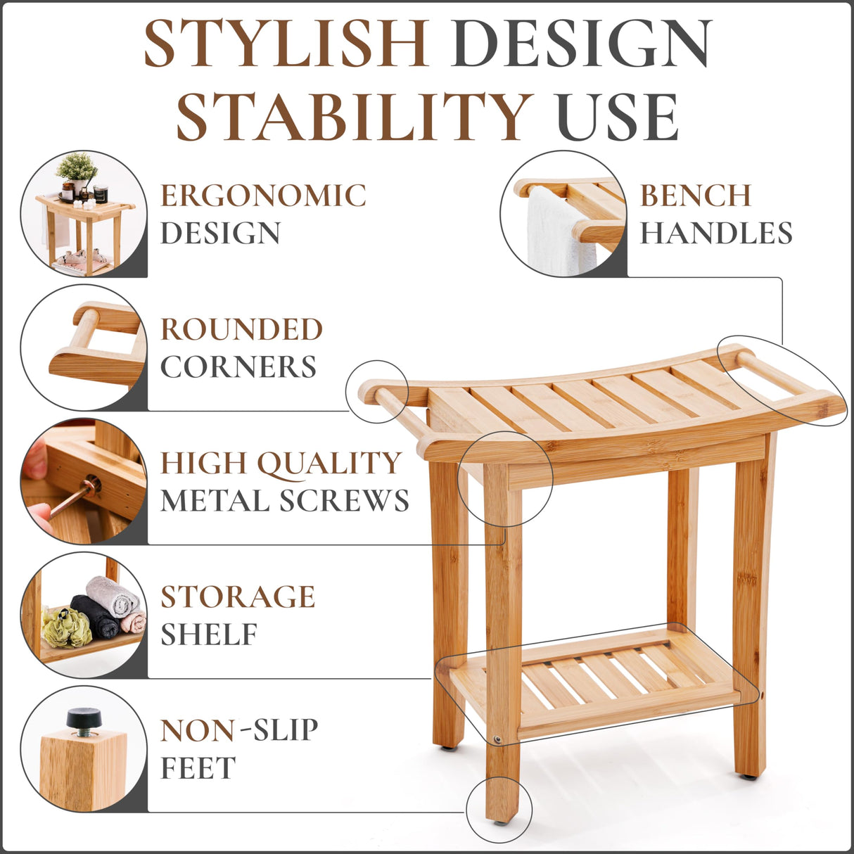 Bamboo Shower Bench with Handles and Shelf – Waterproof Stool for Inside Shower, Bathroom Foot Rest, Shaving Seat, Bamboo Shower Chair for Adults Teak shower bench