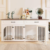 EBE Dog Crate Furniture, 74.8''Wooden Dog Crate with 2 Drawers and Removable Divider, Dog Kennel Indoor Furniture with Double Rooms, Heavy Duty Dog Crate Table Indoor TV Stand for Large Medium Dogs EBE
