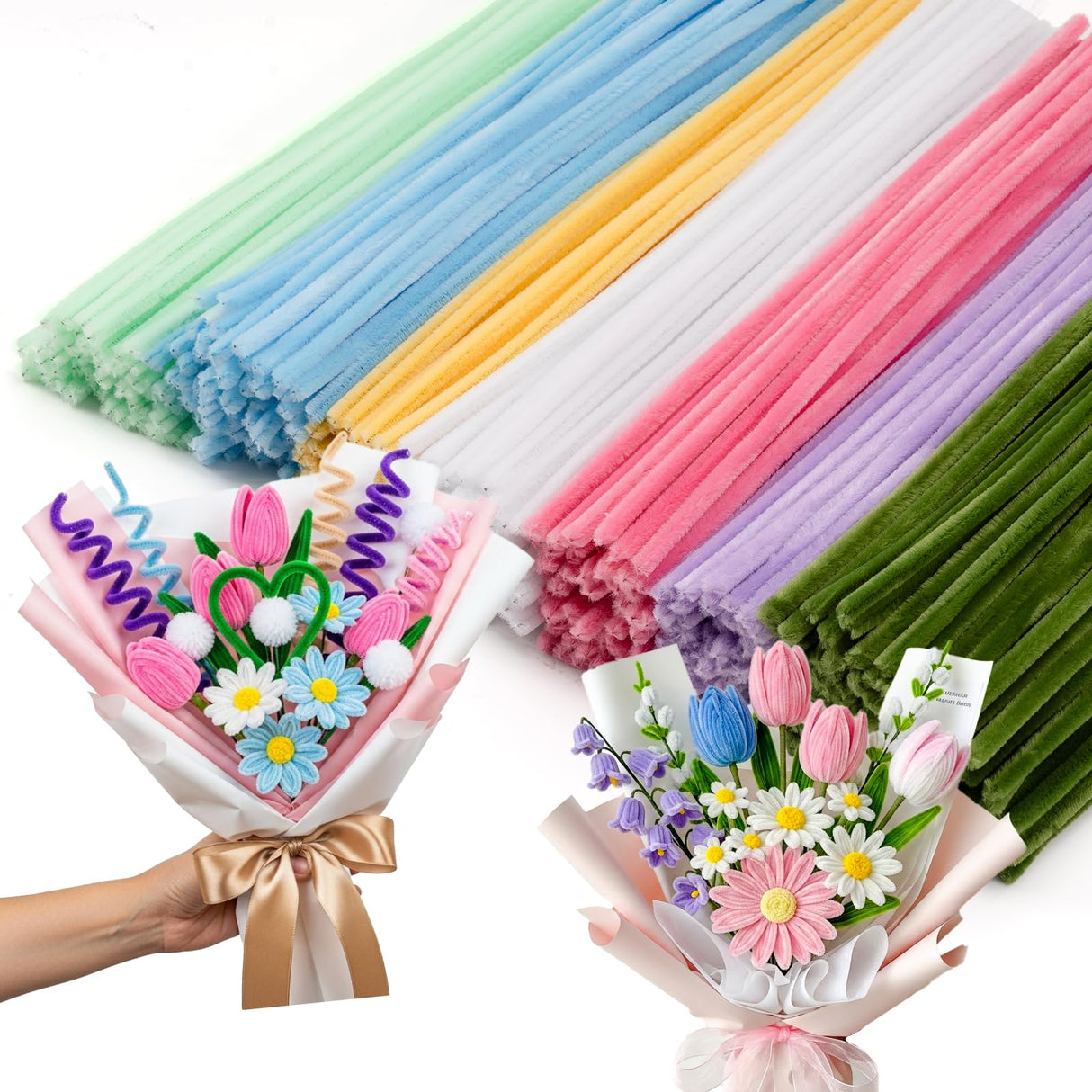 Caydo 500 Pieces Pipe Cleaners Flower Set, Chenille Stems, Pipe Cleaner Craft Supplies Bulk Fluffy Fuzzy Sticks for DIY Art Projects Creative Gift Party Decorations (Macaron) Caydo