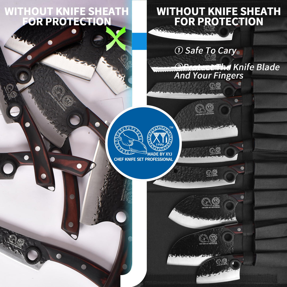 XYJ Professional Serbian Chef Knife Set with Roll Bag, Japanese Culinary Knives, Meat Cleaver, Kitchen Chopping Knife, and Protective Sleeves, Perfect for Home Cooking or Outdoor Camping (13) XYJ