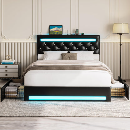 LIKIMIO Black PU Leather Full Size Bed Frame with LED Lights and 4 Storage Drawers - WoodArtSupply