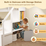 KOMFOTT Wood Twin Over Twin Low Bunk Bed with Storage Staircase, Wooden Bunk Bed Frame with Full-Length Guardrails, Low Profile Bunk Bed with Slats Support, No Box Spring Needed (White) KOMFOTT