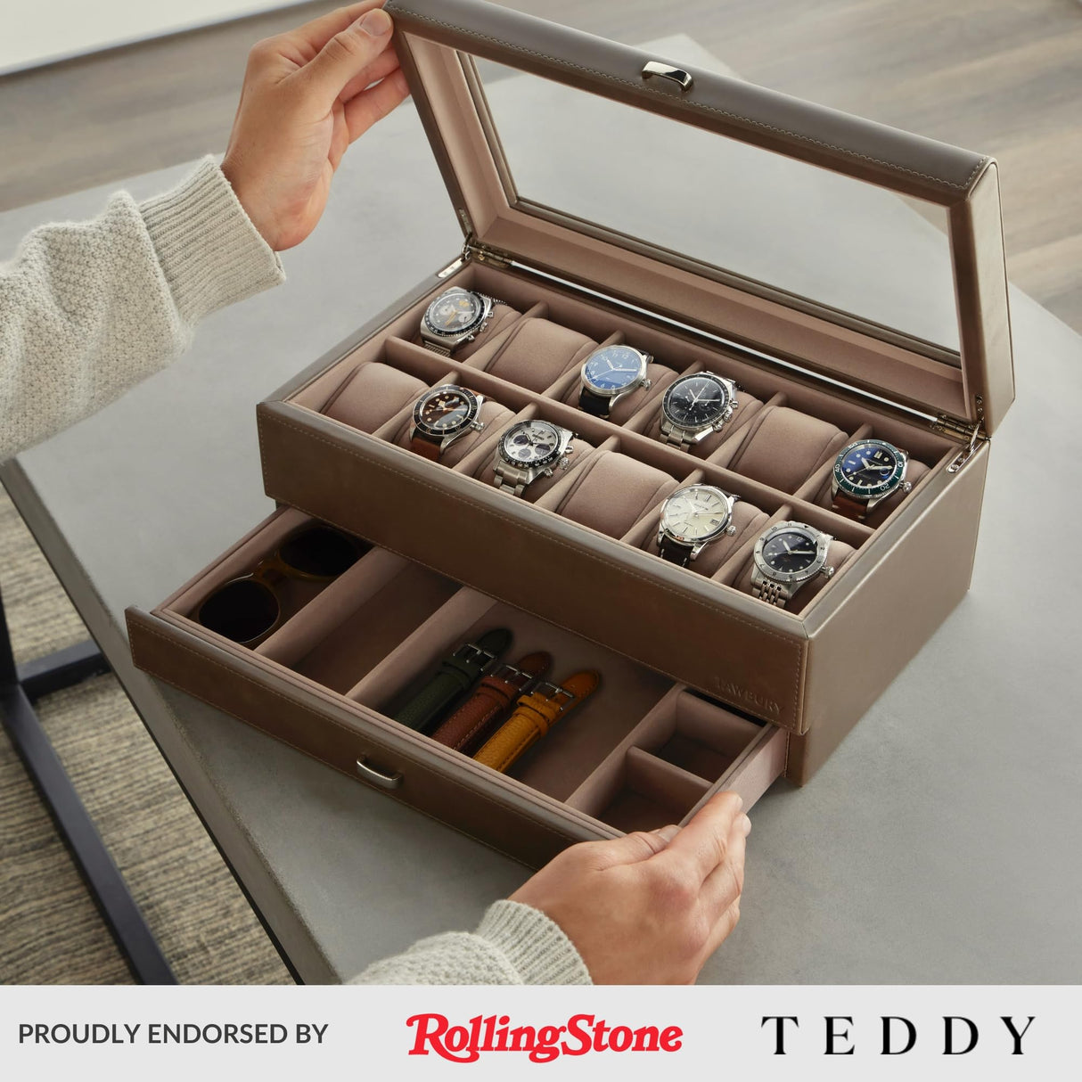 TAWBURY 12 Slot Watch Box with Storage Drawer – Premium Watch Storage Case for Men & Women | Handcrafted from PU Leather & Engineered Wood | Wrist Watch Display Case (Taupe) TAWBURY