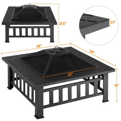 Yaheetech 34in Fire Pit Table Outdoor Wood Fire Pits Fire Pits for Outside Patio Square Steel Stove with Mesh Screen, Waterproof Cover & Poker for Bonfire Camping - WoodArtSupply