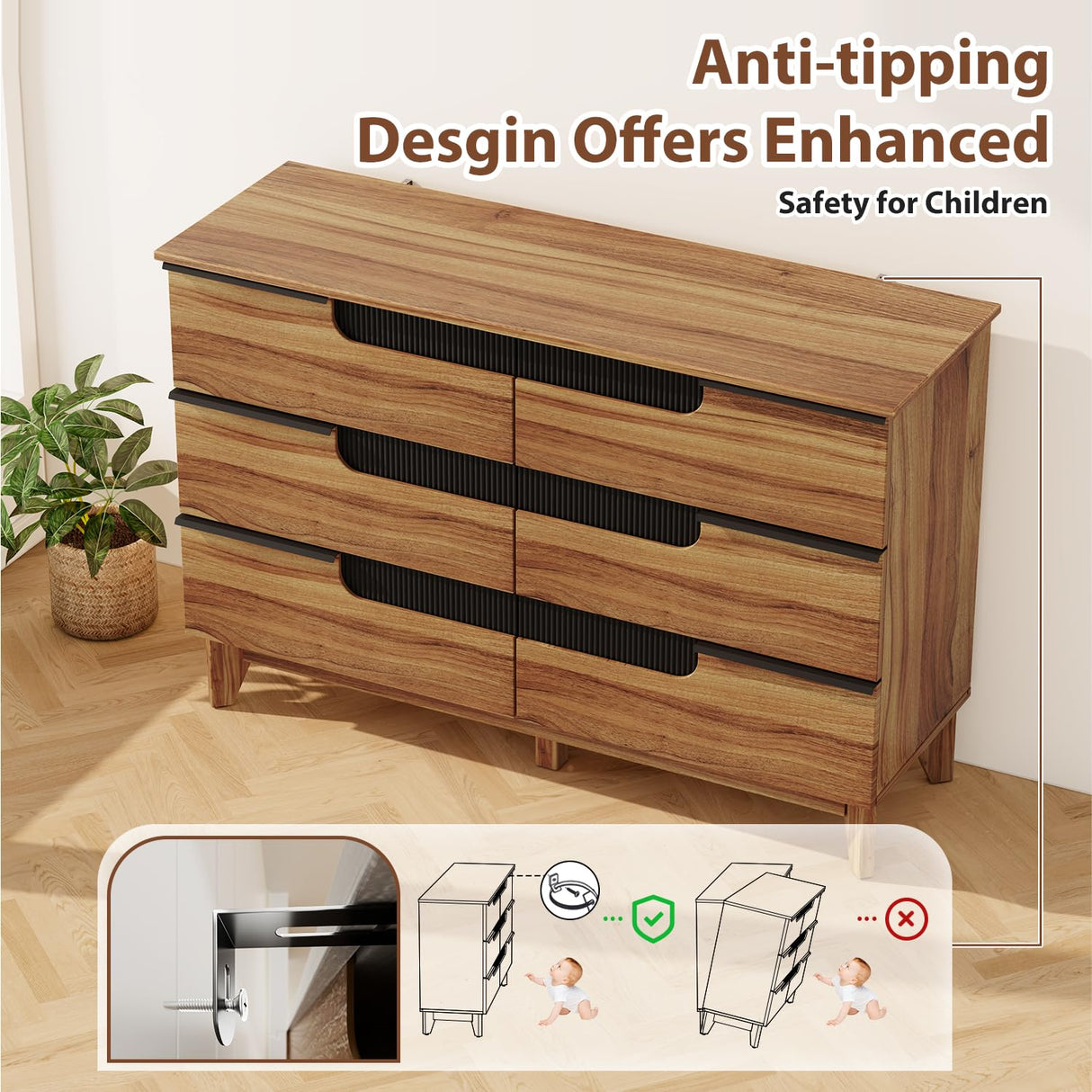 VOPEAK Wood Dresser for Bedroom, 6 Drawer Dresser with Solid Wood Legs, Brown Wooden Modern Minimalist Double Chest of Drawers for Cloth Stroage, 47.24" W x 15.75" D x 31.89" H VOPEAK