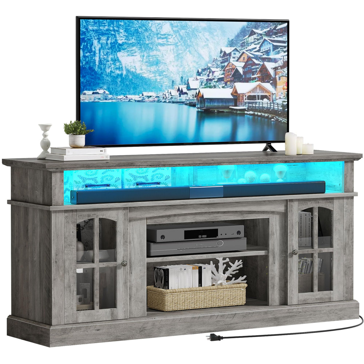YITAHOME LED Farmhouse TV Stand for 65 Inch w/Outlets, Modern Entertainment Center with Glass Doors and Adjustable Storage Shelves, Media Console TV Cabinet for for Living Room, Grey YITAHOME