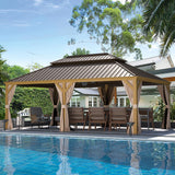 YOLENY 12' x 22' Gazebo, Hardtop Gazebo Wood-Looking Gazebo with Galvanized Steel Double Roof, Aluminum Frame, Outdoor Patio Hardtop Gazebo with Netting and Curtains for Deck, Backyard, Patio, Lawns YOLENY