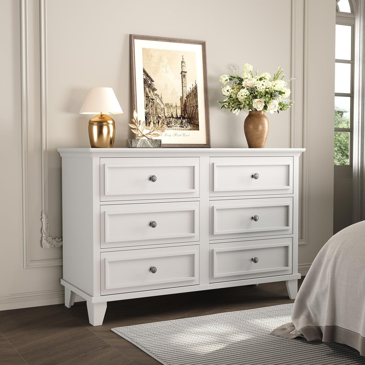 GarveeHome Farmhouse White Dresser for Bedroom with 6 Drawer, Double Dresser TV Stand with Vintage Handle, Wide Wood Dressers & Chests of Drawers, 6 Drawer Dressers for Bedroom, Living Room, Hallway GarveeHome