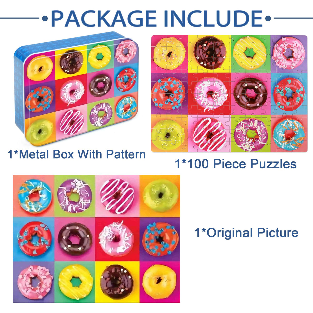 LELEMON Puzzles for Kids Ages 4-8,Donut Puzzle 100 Piece Puzzles for Kids in a Metal Box, Educational Kids Puzzles Jigsaw Puzzles 100 Piece Puzzle Games Puzzle Toys for Girls and Boys LELEMON