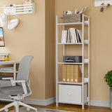 Furologee 5 Tier Bookshelf with Drawer, Tall Narrow Bookcase with Shelves, Wood and Metal Book Shelf Storage Organizer, Modern Display Standing Shelf Unit for Bedroom, Living Room, Office, White Furologee