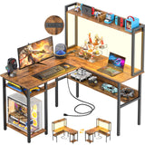 Unikito Reversible L-Shaped Gaming Desk with LED Lights, Power Outlets, and Storage Shelves in Rustic Brown Unikito
