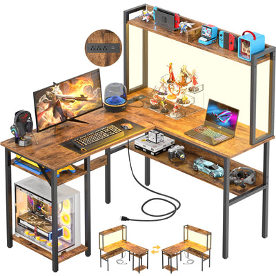Unikito Reversible L-Shaped Gaming Desk with LED Lights, Power Outlets, and Storage Shelves in Rustic Brown