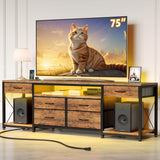 GYIIYUO LED TV Stand with 6 Fabric Drawers and Power Outlet for 65 70 75 Inch TVs, Entertainment Center with Open Storage Shelves, Dresser TV Stand for Bedroom/Living Room, Rustic Brown GYIIYUO