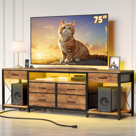 GYIIYUO LED TV Stand with 6 Fabric Drawers and Power Outlet for 65 70 75 Inch TVs, Entertainment Center with Open Storage Shelves, Dresser TV Stand for Bedroom/Living Room, Rustic Brown GYIIYUO