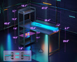 ODK Reversible Gaming Desk with Power Outlets and LED Lights, 48 Inch Computer Desk with Storage Shelves and Monitor Stand, Modern Writing Study Desk for Home Office, Carbon Fiber Black ODK