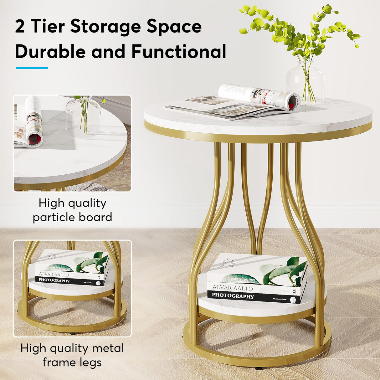 Tribesigns Round Side Table White Gold End Table 2-Tier End Table Modern Bedside Table Small Side Table with Storage for Couch Side, Sofa Side Table with Metal Frame for Living Room (1) Tribesigns