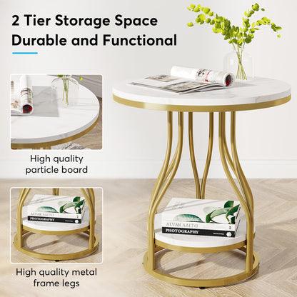 Tribesigns Round Side Table White Gold End Table 2-Tier End Table Modern Bedside Table Small Side Table with Storage for Couch Side, Sofa Side Table with Metal Frame for Living Room (1) - WoodArtSupply