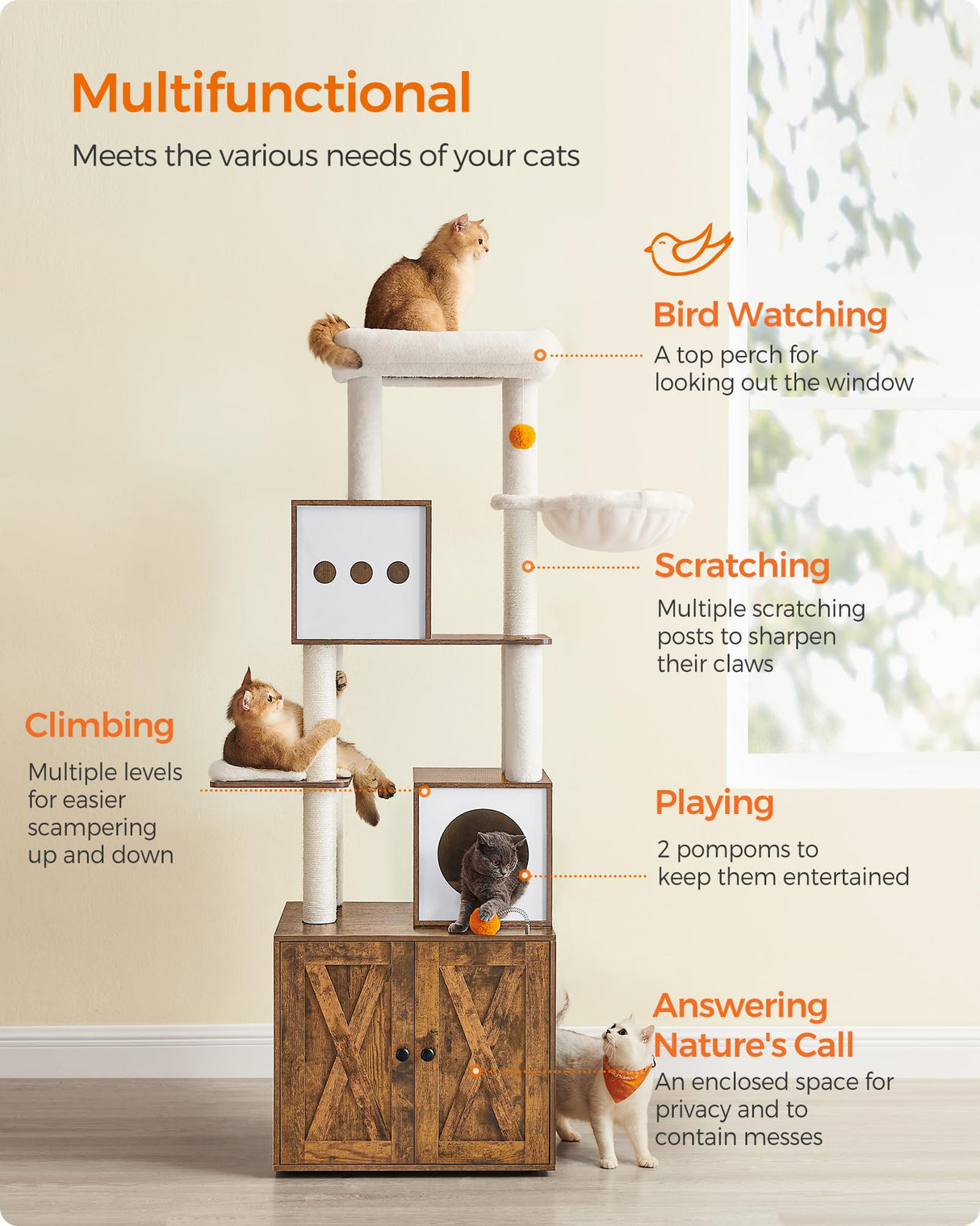 Feandrea Cat Tree with Litter Box Enclosure, 2-in-1 Modern Cat Tower, 72.8-Inch Tall Cat Condo with Scratching Posts, Perch, Caves, Basket, Washable Cushions, Rustic Brown UPCT116X01 Feandrea