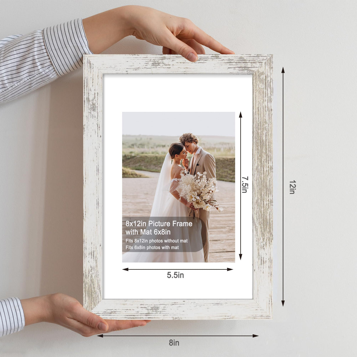 Hongkee 8x12 Picture Frame Set of 4, Made of Glass and Distressed White Wooden Frame - Display 6x8 Picture with Mat or 8 x 12 Poster Without Mat, 8 by 12 Photo for Wall or Tabletop Hongkee