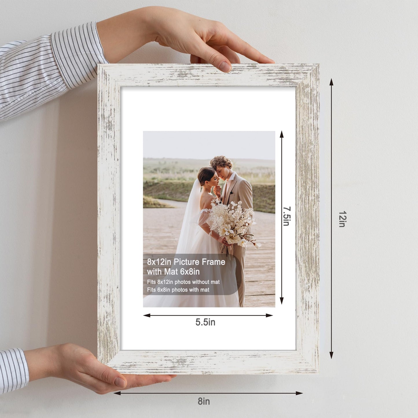 Hongkee 8x12 Picture Frame Set of 4, Made of Glass and Distressed White Wooden Frame - Display 6x8 Picture with Mat or 8 x 12 Poster Without Mat, 8 by 12 Photo for Wall or Tabletop - WoodArtSupply