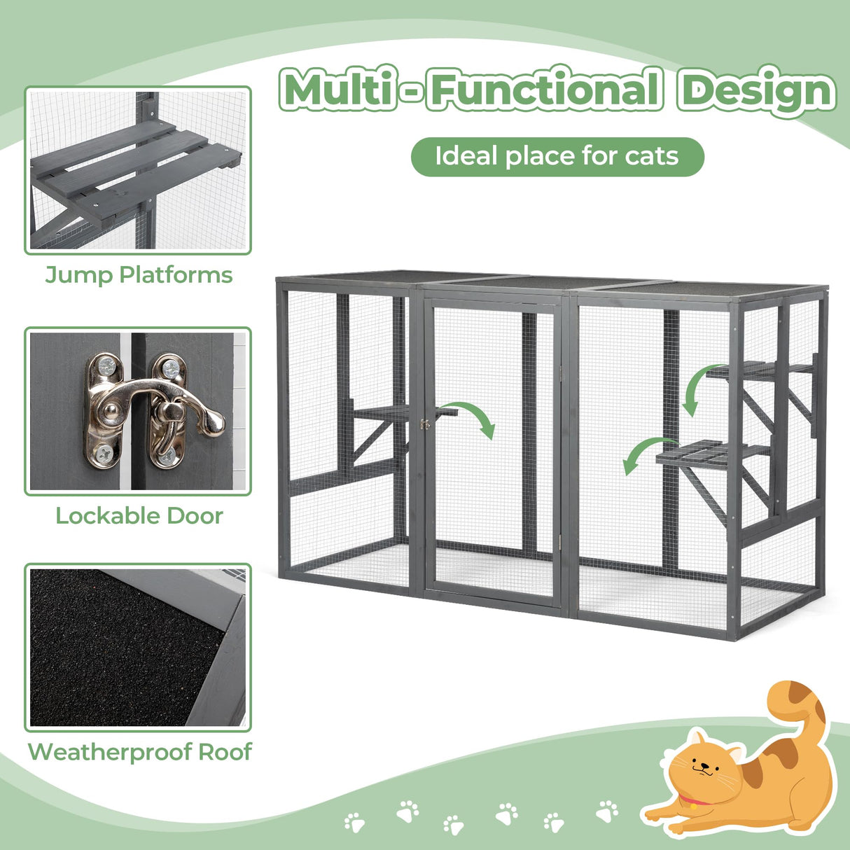 COZIVVOVV Outdoor Cat Enclosures, Weatherproof Catio for Cats, Large Cat Cage with 3 Platforms and Litter Box, Wooden Cat Crates for Indoor Cats & Cat House, Grey COZIVVOVV