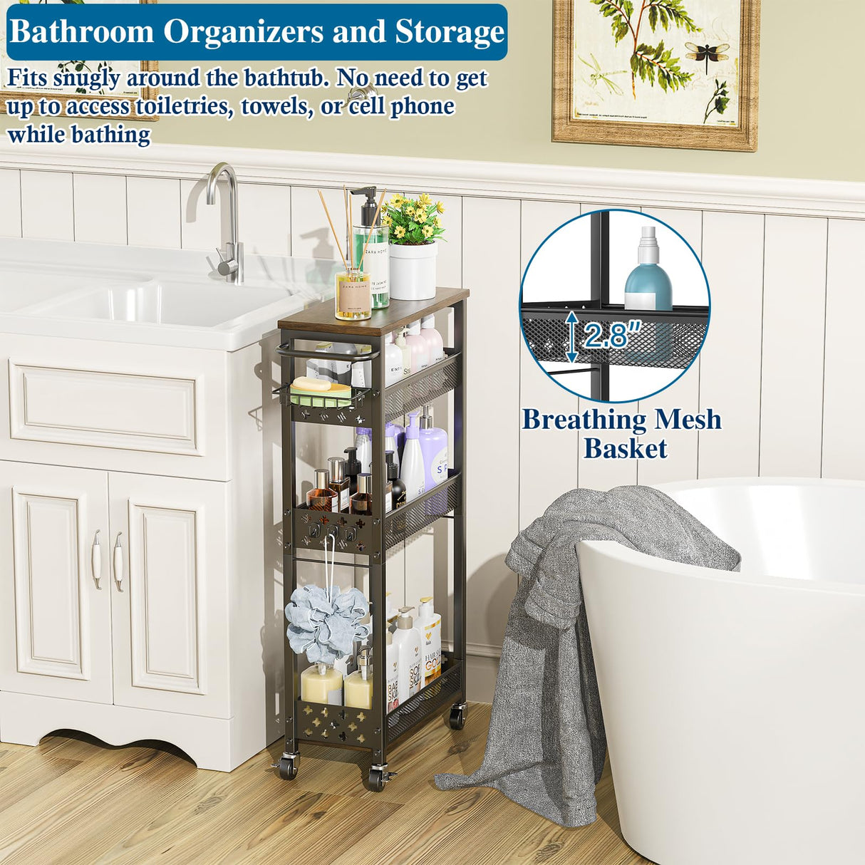 OKZEST Rolling Slim Storage Cart, 4-Tier Narrow Bathroom Organizers and Storage Cart, Metal Narrow Kitchen Laundry Room Organization Shelf with Wood Top, Slim Utility Cart with Wheels for Small Space OKZEST