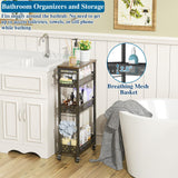 OKZEST Rolling Slim Storage Cart, 4-Tier Narrow Bathroom Organizers and Storage Cart, Metal Narrow Kitchen Laundry Room Organization Shelf with Wood Top, Slim Utility Cart with Wheels for Small Space OKZEST