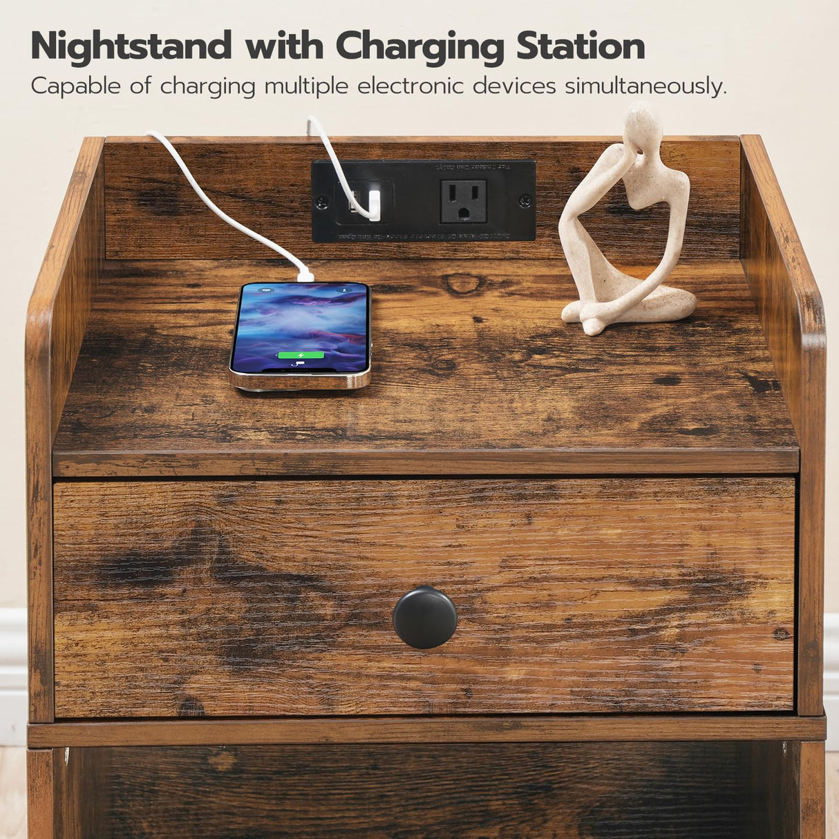 HOOBRO Nightstand with Charging Station, End Table with Drawer and Opening Shelf, Bedside Table with USB Ports and Outlets, Small Night Stand for Bedroom, Simple Style, Rustic Brown FG18UBZ01 HOOBRO