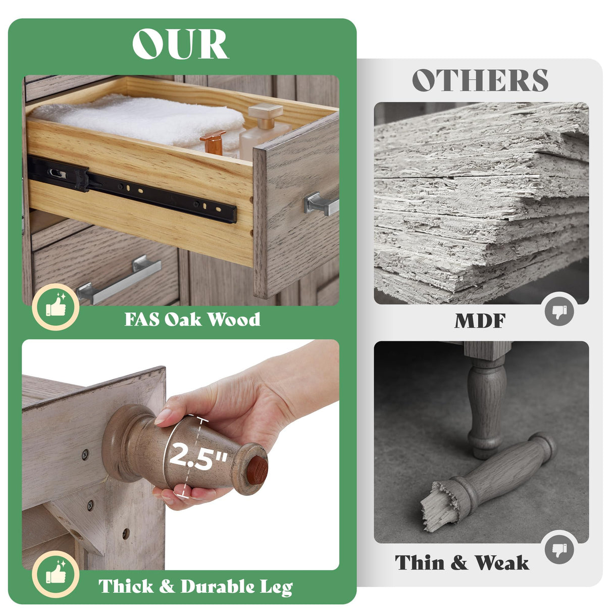 60" Solid Oak Double Sink Bathroom Vanity with Sink Combo, Antique Grey Oak Vanity Cabinet with Drawers & Adjustable Shelves, Easy Assembly AMERLIFE