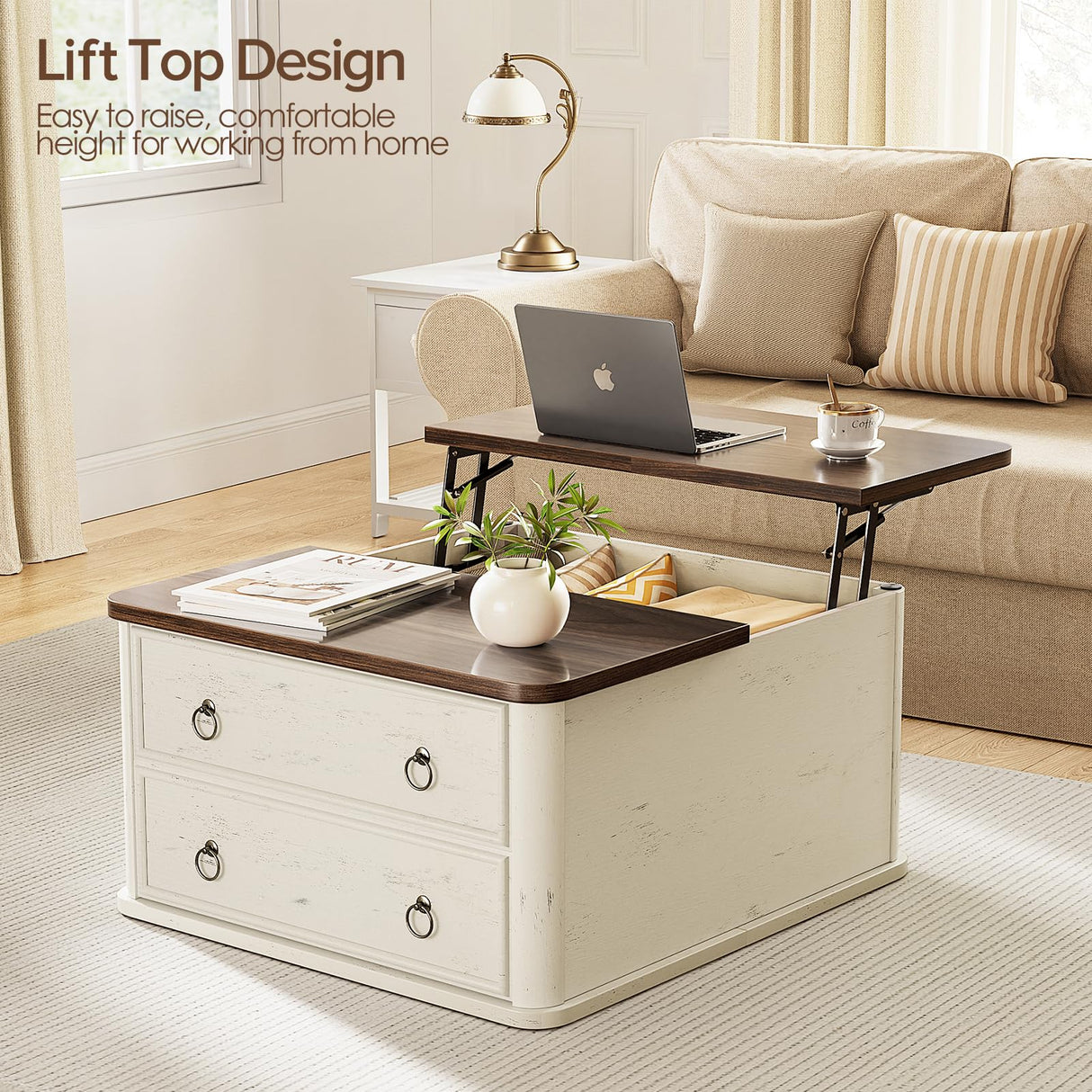 Memobarco 31.5" Lift Top Coffee Table with Storage,Square Coffee Tables with Lifting top for Living Room,Farmhouse Coffee Table with Storage Drawers and Large Hidden Compartment,Rustic White+Walnut Memobarco
