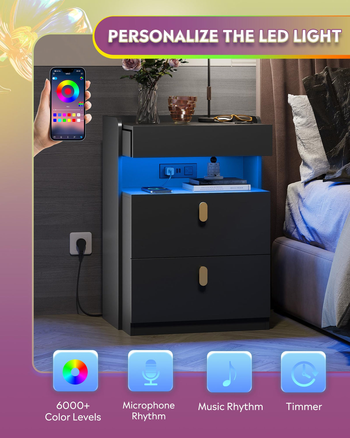 WLIVE Black Nighstand with Charging Station and LED Lights, Night Stand with Sliding Top, Modern Bedside Table with 2 Drawers, End Tables for Bedroom, Living Room, Black WLIVE