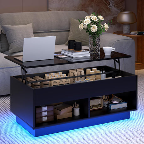 LED Coffee Table Black Lift Top Coffee Table with Storage Modern Tea Table with Hidden Compartment Lift Up Dining Center Table with LED Light for Living Room Home Office HOMMPA