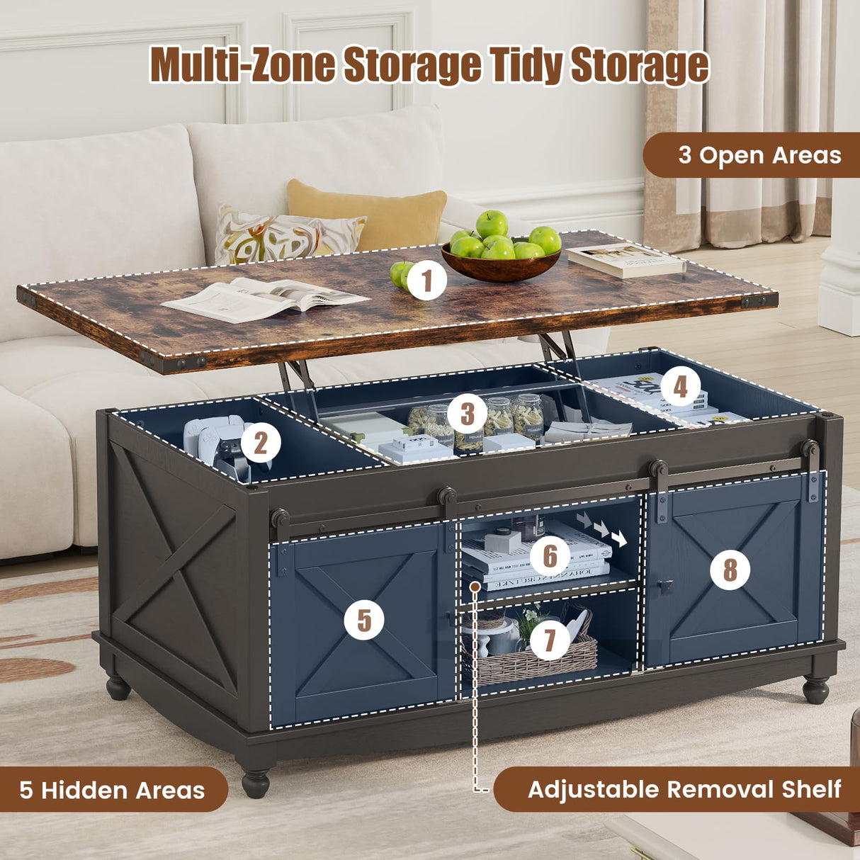 ALLSTAND 48" Farmhouse Lift Top Coffee Table with Storage Sliding Barn Door & Large Hidden Compartment, Coffee Table with Lifting Top with Wooden Lift Tabletop, Coffee Tables for Living Room, Black ALLSTAND