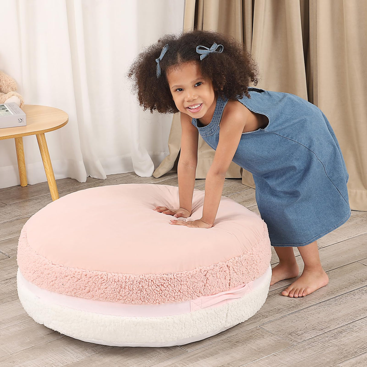 MOMCAYWEX Macaron Bean Bag Chair for Kids and Teens, Medium Bean Bag Sofa with Memory Foam Filling, 27.5"×27.5"×13.5", Pink and White MOMCAYWEX
