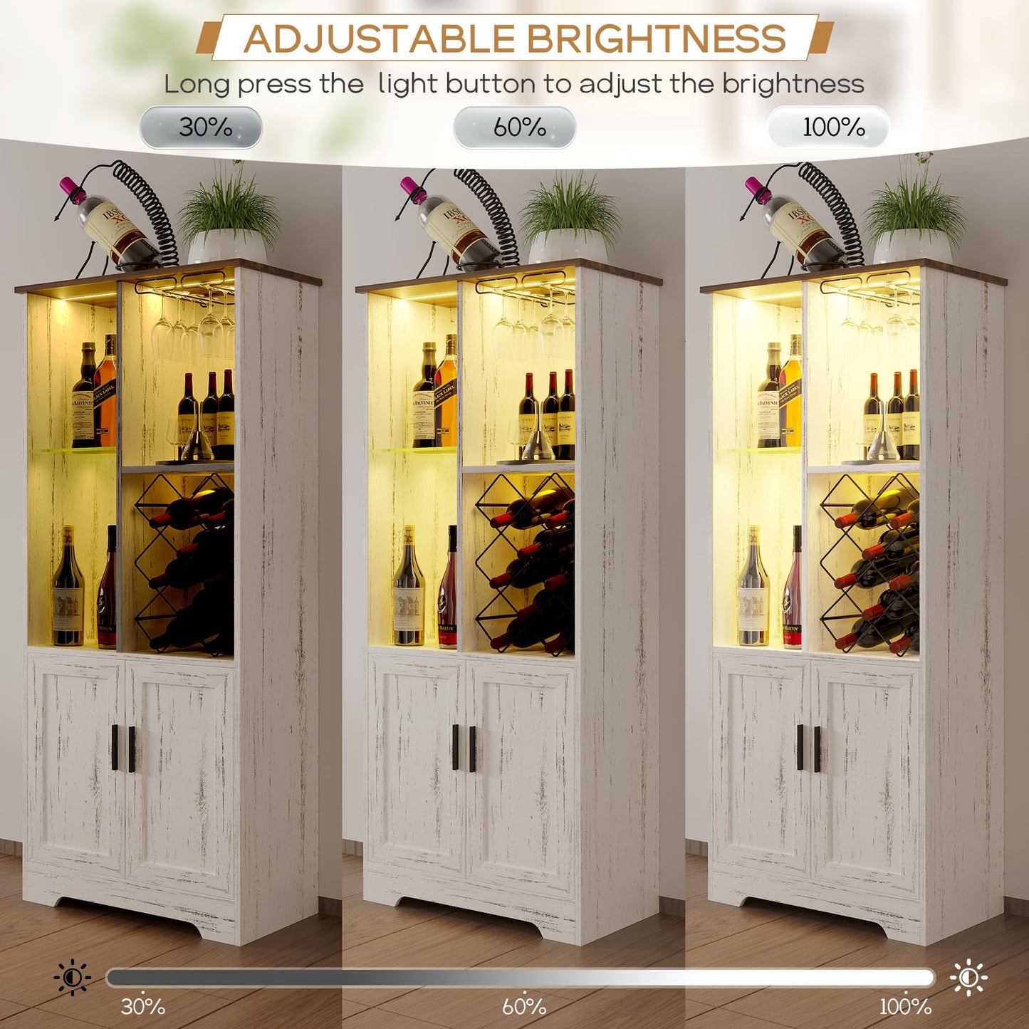 dnbss Wine Cabinet, Wine Bar Cabinet with LED Lights, Liquor Cabinet with Glass Holder Wine Rack, Farmhouse Modern Liquor Cabinet with Storage for Home (Wood White)