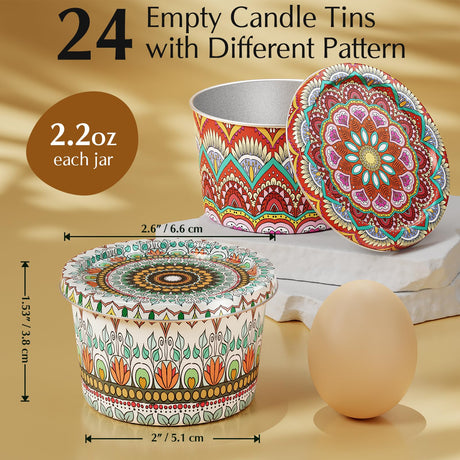 Happyhube Empty Candle Tins - 24 Pack 2.2 oz Metal Containers, DIY Candle Making Kits, Travel-Friendly Rust-Proof Tins with Lids (24 Patterns Jars) Happyhube
