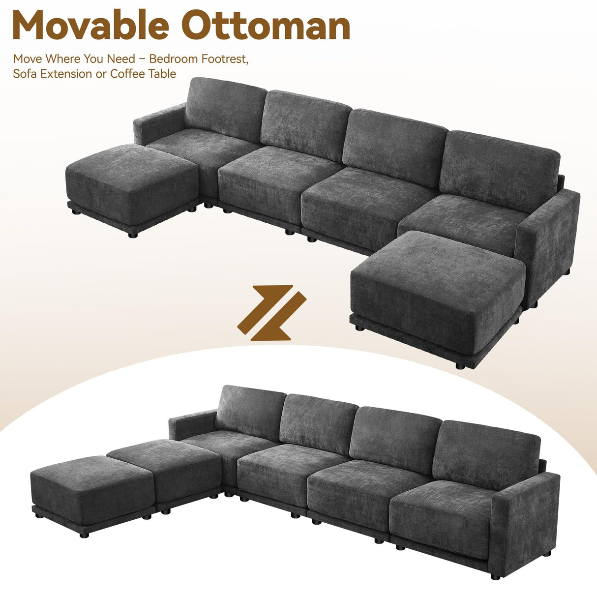 CACFTII 143.8" Modular Sectional Sofa Modern Chenille U-Shaped Couch with Thickened Seat Cushions, Easy Assembly, Upholstered 6 Seater Couch with 2 Movable Ottomans for Living Room, Grey CACFTII