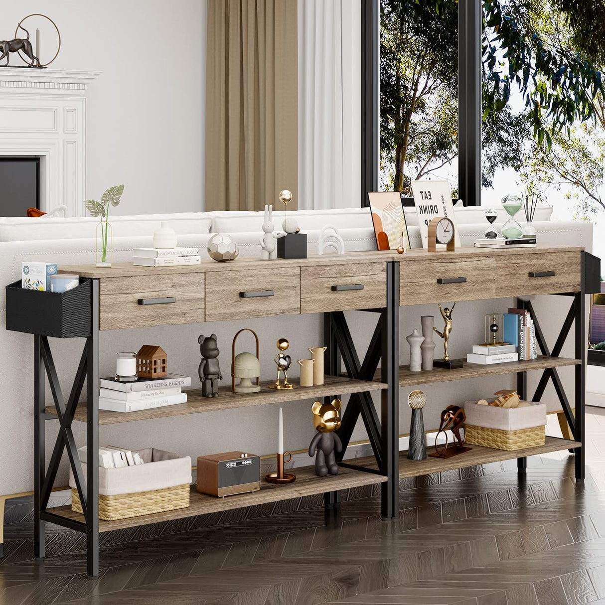 Gizoon 47" Console Table with 3 Drawers, Industrial Entryway Table with 3 Tier Storage Shelves, Narrow Long Sofa Table for Entry Way, Hallway, Couch, Living Room, Kitchen, Grey Gizoon